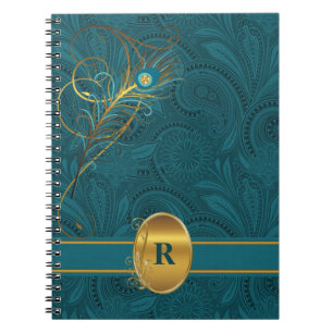 Monogrammed Blauwgroen Peacock voor de schrijver Notitieboek