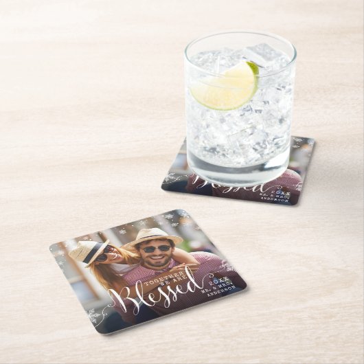 Monogrammed Blessed Together Photo Winter Feestdag Vierkante Kartonnen Onderzetter (Insitu)