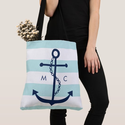 Monogrammed Blue Anchor op mint Stripes Tote Bag (Dichtbij)