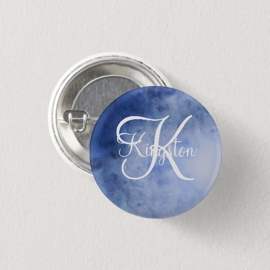 Monogrammed Blue and White Waterverf Ronde Button 3,2 Cm (Voorkant /achterkant)