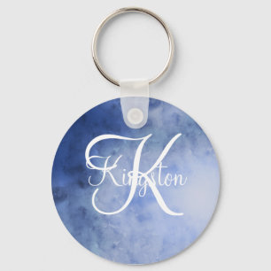 Monogrammed Blue and White Waterverf Sleutelhanger
