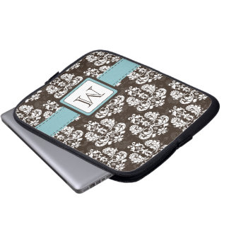 Monogrammed Blue Brown Damask-laptophoes Laptop Sleeve