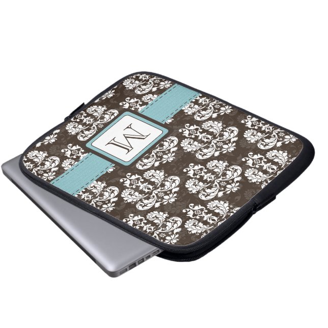 Monogrammed Blue Brown Damask-laptophoes Laptop Sleeve (Voorkant onderkant)