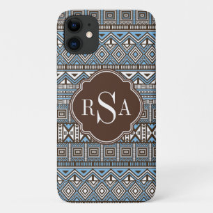 Monogrammed Blue Brown Tribal Pattern iPhone 11 Hoesje
