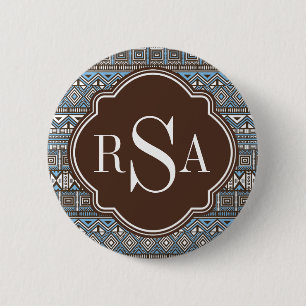 Monogrammed Blue Brown Tribal Pattern Ronde Button 5,7 Cm