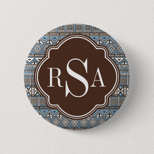 Monogrammed Blue Brown Tribal Pattern Ronde Button 5,7 Cm (Voorkant)