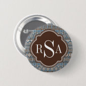 Monogrammed Blue Brown Tribal Pattern Ronde Button 5,7 Cm (Voorkant /achterkant)