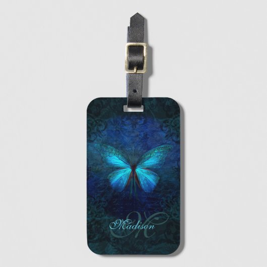 Monogrammed Blue Butterfly Bagagelabel (Voorkant (verticaal))