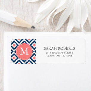 Monogrammed Blue Coral Diamonds Ikat Pattern Etiket