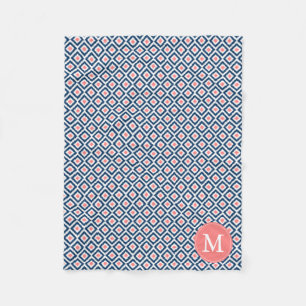 Monogrammed Blue Coral Diamonds Ikat Pattern Fleece Deken