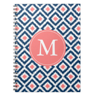 Monogrammed Blue Coral Diamonds Ikat Pattern Notitieboek