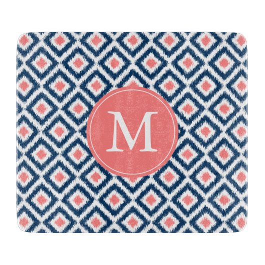 Monogrammed Blue en Coral Ikat Diamonds Pattern Snijplank (Voorkant)