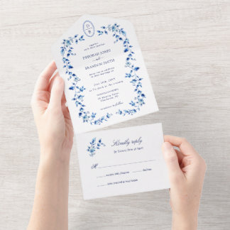Monogrammed Blue en white delft All In One Uitnodiging