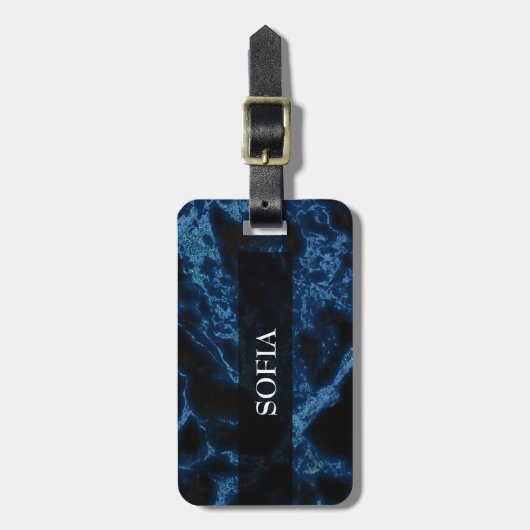 Monogrammed Blue Glitter White Sparks Bagagelabel (Voorkant verticaal)