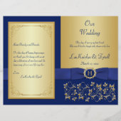 Monogrammed Blue, Gold Floral Wedding Programme (Devant)