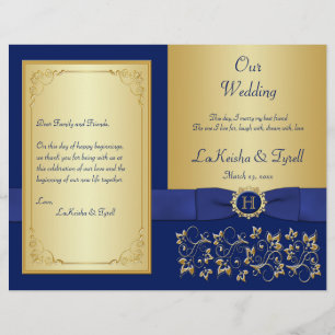 Monogrammed Blue, Gold Floral Wedding Programme
