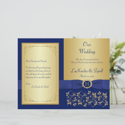 Monogrammed Blue, Gold Floral Wedding Programme (Debout devant)