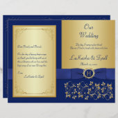Monogrammed Blue, Gold Floral Wedding Programme (Devant / Derrière)