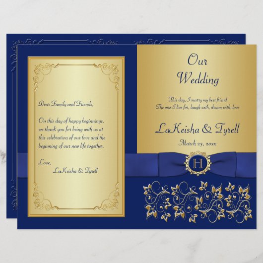 Monogrammed Blue, Gold Floral Wedding Programme (Devant / Derrière)