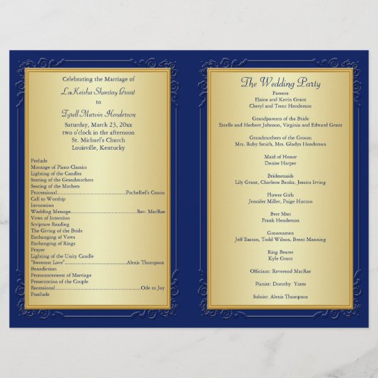 Monogrammed Blue, Gold Floral Wedding Programme (Dos)