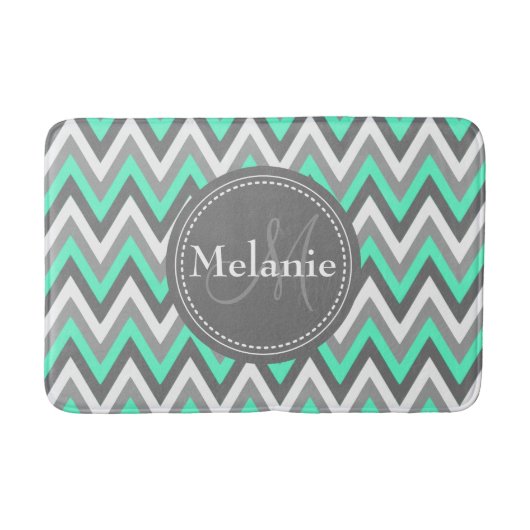 Monogrammed Blue & Gray Chevron Pattern Badmat (Voorkant)