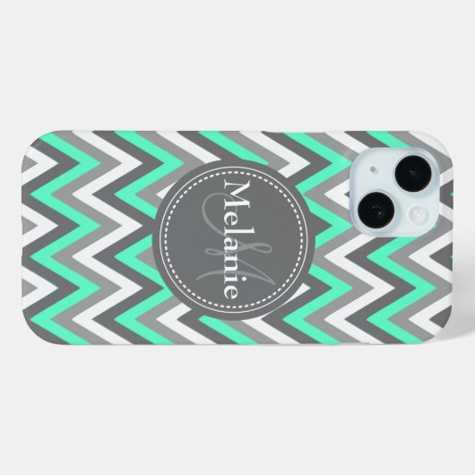 Monogrammed Blue & Gray Chevron Pattern Case-Mate iPhone Case (Achterkant (horizontaal))