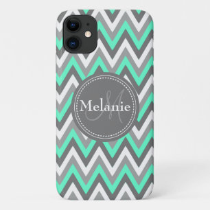 Monogrammed Blue & Gray Chevron Pattern iPhone 11 Hoesje