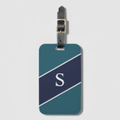 Monogrammed Blue Green and Navy Geometric Stripe Bagagelabel (Voorkant (verticaal))