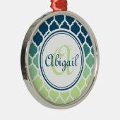 Monogrammed Blue Green Moroccan Lattice Pattern Metalen Ornament (Rechts)