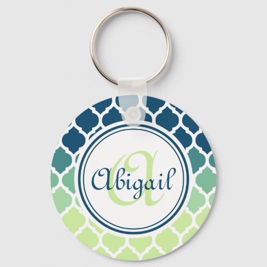 Monogrammed Blue Green Moroccan Lattice Pattern Sleutelhanger (Voorkant)
