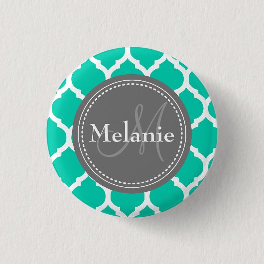 Monogrammed Blue & Grey Quatrefoil Ronde Button 3,2 Cm (Voorkant)