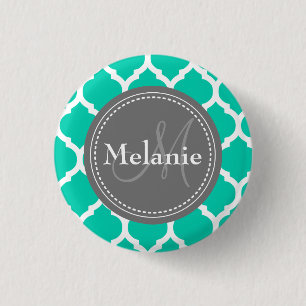 Monogrammed Blue & Grey Quatrefoil Ronde Button 3,2 Cm