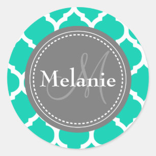 Monogrammed Blue & Grey Quatrefoil Ronde Sticker
