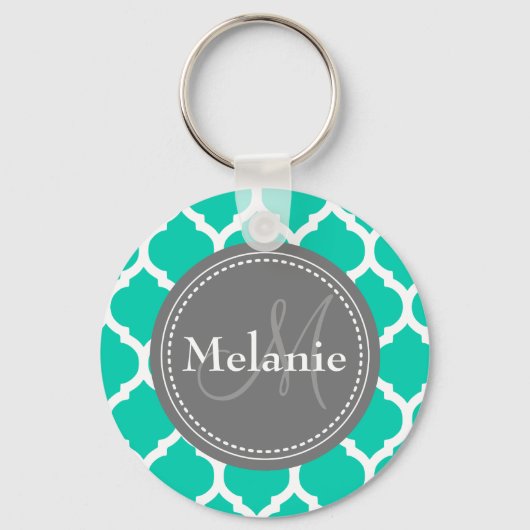 Monogrammed Blue & Grey Quatrefoil Sleutelhanger (Voorkant)