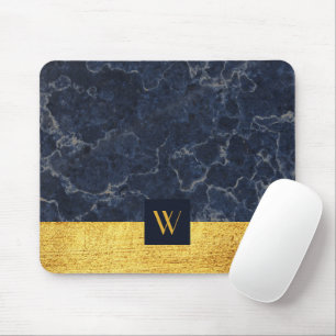 Monogrammed Blue Marble Faux Gold Texture Print Muismat