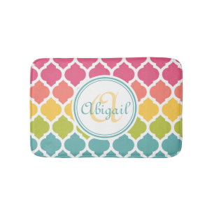 Monogrammed Blue Pink Moroccan Lattice Pattern Badmat