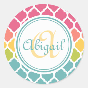Monogrammed Blue Pink Moroccan Lattice Pattern Ronde Sticker