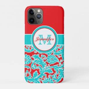 Monogrammed Blue, Red, White Damask iPhone 11 iPhone 11 Pro Hoesje