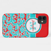 Monogrammed Blue, Red, White Damask iPhone 5 Case-Mate iPhone Case (Achterkant (horizontaal))