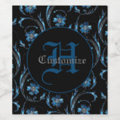 Monogrammed Blue Shimmer Floral 2 Wijn Etiket (Enkel label)