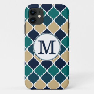 Monogrammed Blue Tan Moroccan Lattice Pattern iPhone 11 Hoesje