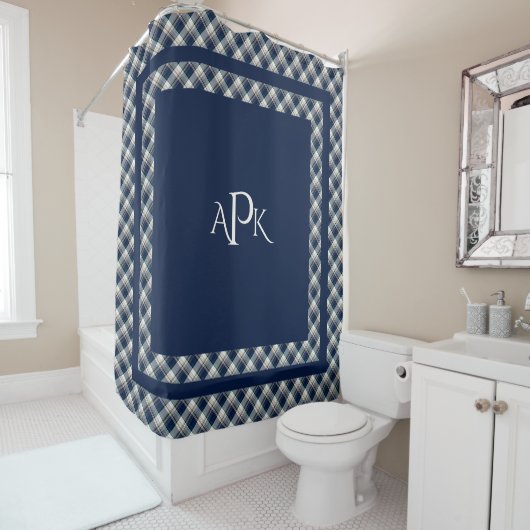 Monogrammed Blue, White, Multi-Thread Pset Douchegordijn (In situ)