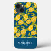 Monogrammed Blue Yellow Waterverf Lemon Pattern Case-Mate iPhone Case (Achterkant)
