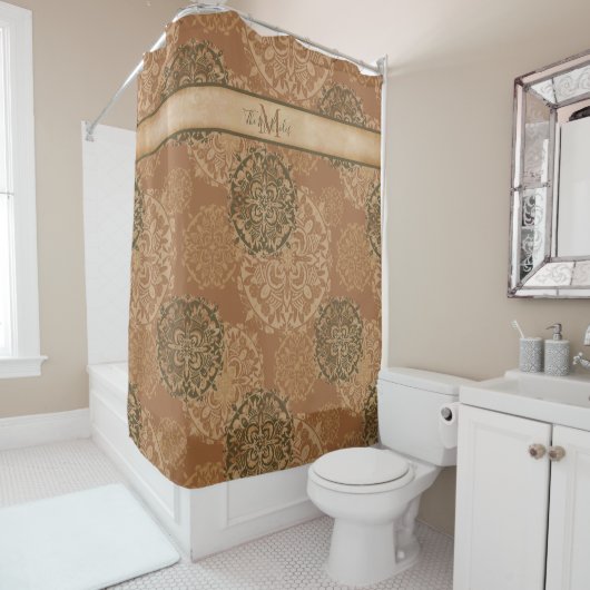 Monogrammed Boho Dark Rust Mandalas Shower Curtain Douchegordijn (In situ)