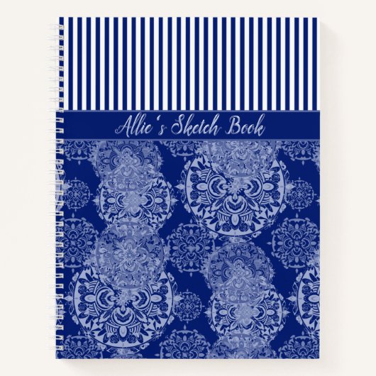 Monogrammed Boho Moody Blues Mandalas en Stripes Notitieboek (Voorkant)