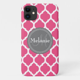 Monogrammed Bright Pink & Grey Quatrefoil iPhone 11 Hoesje
