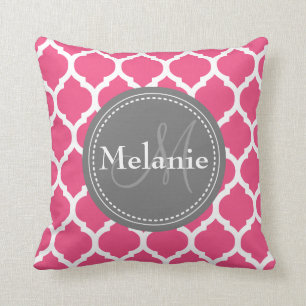 Monogrammed Bright Pink & Grey Quatrefoil Kussen