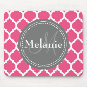 Monogrammed Bright Pink & Grey Quatrefoil Muismat
