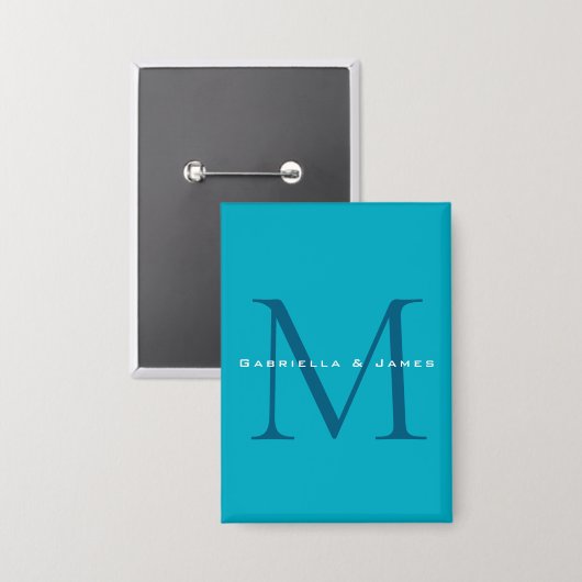 Monogrammed Calligraphy Azure Blue Modern Plain Button (Voorkant / Achterkant)