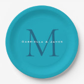 Monogrammed Calligraphy Azure Blue Modern Plain Papieren Bordje (Voorkant)